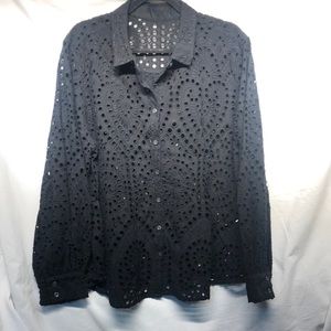 Black button down detailed embroidered shirt with embroidered eyelet’s all over
